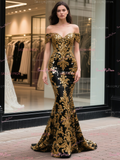 Trumpet Mermaid Gold & Black Off The Shoulder Prom Dress