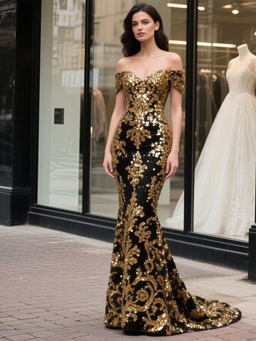 Trumpet Mermaid Gold & Black Off The Shoulder Prom Dress