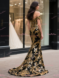 Trumpet Mermaid Gold & Black Off The Shoulder Prom Dress