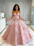 Off The Shoulder Pink Tulle Sparkle A Line Prom Dress