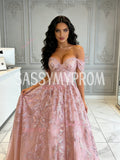 Off The Shoulder Pink Tulle Sparkle A Line Prom Dress