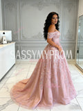Off The Shoulder Pink Tulle Sparkle A Line Prom Dress
