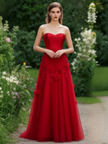 Tulle Flower Red Strapless A Line Prom Dress