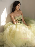 A Line Tulle Strapless Green Flowers Prom Dress