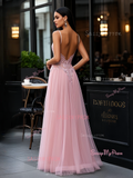 Soft Pink Tulle Spaghetti Straps Appliques Prom Dress With Slit