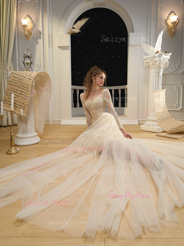 long sleeve lace dress champagne Zapaka Women Mermaid Wedding Dress Champagne Off the Shoulder Long Sleeves Lace Appliqued Court Train Bridal Dress, Champagne / US22W