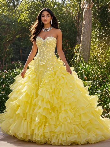 Sweetheart Ball Gown Yellow Tulle Beading Prom Dress