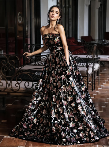 A Line Black Sequin Floral Sweetheart Prom Dress