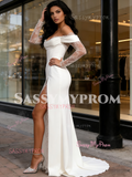 Chiffon Lace A Line White Off The Shoulder Wedding Dress With Slit