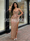 Gold Sequin Trumpet Mermaid Beading Spaghetti Straps Prom Dress With Slit