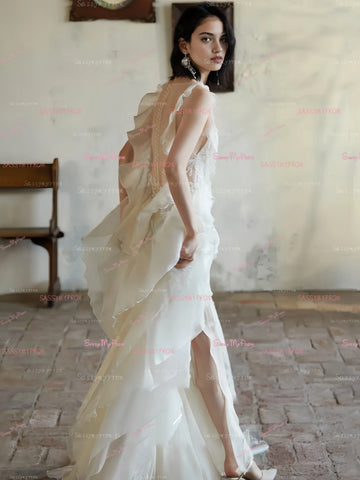 high low organza wedding dress A-Line One-Shoulder Organza Sweep Train Wedding Dress With Appliques Lace, Diamond White / 8