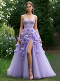 Appliques Flower Purple Tulle A Line Prom Dress With Slit