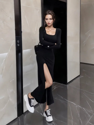 Thigh-High Slit Long Sleeves Sleek Black Maxi Dress