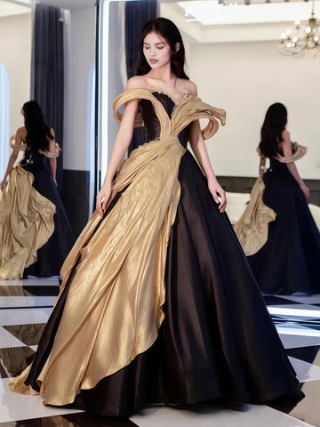 Satin Black & Gold A Line Off The Shoulder Prom Dress Sassymyprom Satin Black & Gold A Line Off The Shoulder Prom Dress Sassymyprom