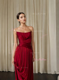 Ruched Satin Burgundy Strapless Prom Dress With Slit