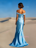 Satin Off The Shoulder Beading Light Blue Trumpet Mermaid Prom Dress