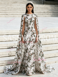 Scoop Sheath Column Cape Sleeve Sequin Flower Prom Dress