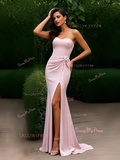 Satin Trumpet Mermaid Pink Ruched Sweetheart Prom Dress With Slit