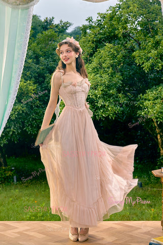A Line Ankle Length Pink Tulle Flower Prom Dress