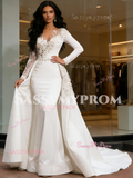 Detachable Train Appliques Beading Long Sleeve Mermaid Wedding Dress