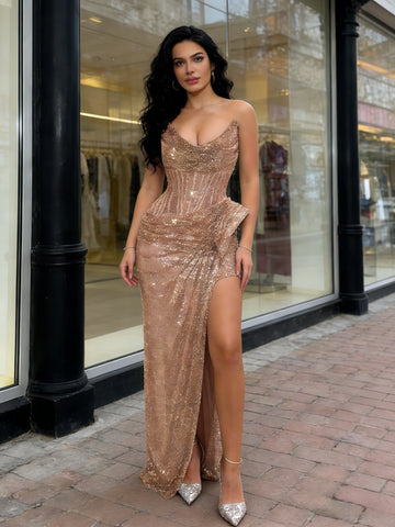 Gold Sequin Trumpet Mermaid Beading Spaghetti Straps Prom Dress With Slit