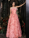 Pink Flowers A Line Strapless Prom Dress