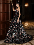 A Line Black Sequin Floral Sweetheart Prom Dress