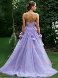 Appliques Flower Purple Tulle A Line Prom Dress With Slit