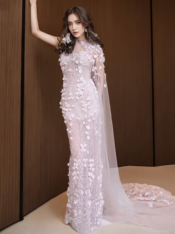 Flower Trumpet Mermaid Pink Lace Wedding Dress