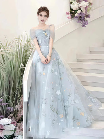 Tulle A Line Off The Shoulder Floral Print Prom Dress