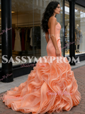 Ruffles Trumpet Mermaid Orange Sweetheart Tulle Prom Dress