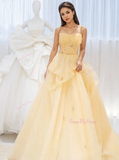 Tulle Ruffles Beading A Line Yellow Prom Dress