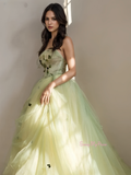 A Line Tulle Strapless Green Flowers Prom Dress