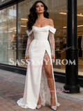 Chiffon Lace A Line White Off The Shoulder Wedding Dress With Slit