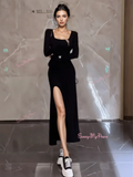 Thigh-High Slit Long Sleeves Sleek Black Maxi Dress