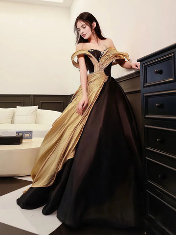Satin Black & Gold A Line Off The Shoulder Prom Dress US4 Satin Black & Gold A Line Off The Shoulder Prom Dress US4