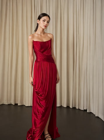 Ruched Satin Burgundy Strapless Prom Dress With Slit