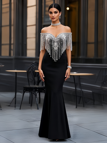 Crystal Beading Trumpet Mermaid Off The Shoulder Black Prom Dress