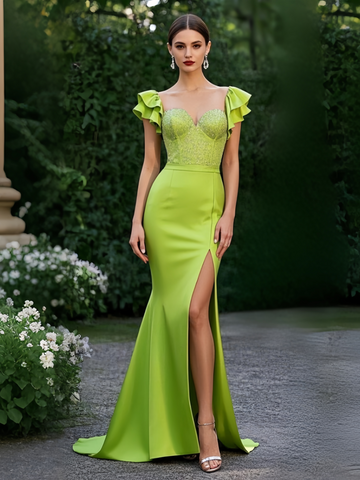 Trumpet Mermaid Satin Green Ruffles Sequin Prom Dress With Slit