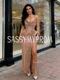 Gold Sequin Trumpet Mermaid Beading Spaghetti Straps Prom Dress With Slit