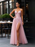 Soft Pink Tulle Spaghetti Straps Appliques Prom Dress With Slit