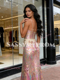 Sequin Colorful Pink Floral Spaghetti Straps Prom Dress