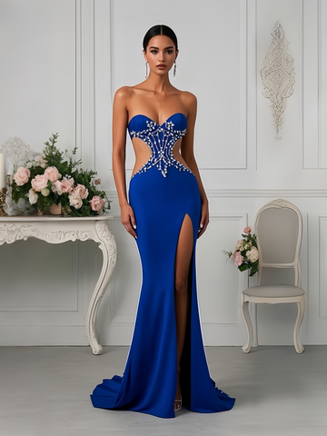 Cut Out Beading Sexy Royal Blue Spandex Prom Dress With Slit