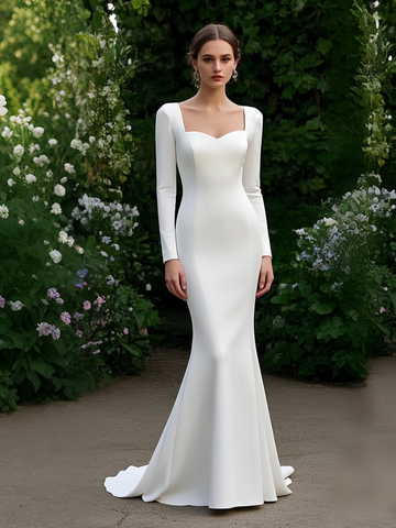 Trumpet Mermaid Satin Long Sleeve Wedding Dress