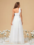 Chiffon Pearl Belt One Shoulder Wedding Dress With Slit