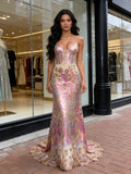 Sequin Colorful Pink Floral Spaghetti Straps Prom Dress