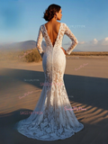 Sweetheart Lace Trumpet Mermaid Long Sleeve V Neck Wedding Dress