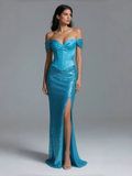Off The Shoulder Trumpet Mermaid Blue Satin Prom Dress With Slit