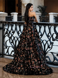 A Line Black Sequin Floral Sweetheart Prom Dress