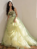 A Line Tulle Strapless Green Flowers Prom Dress